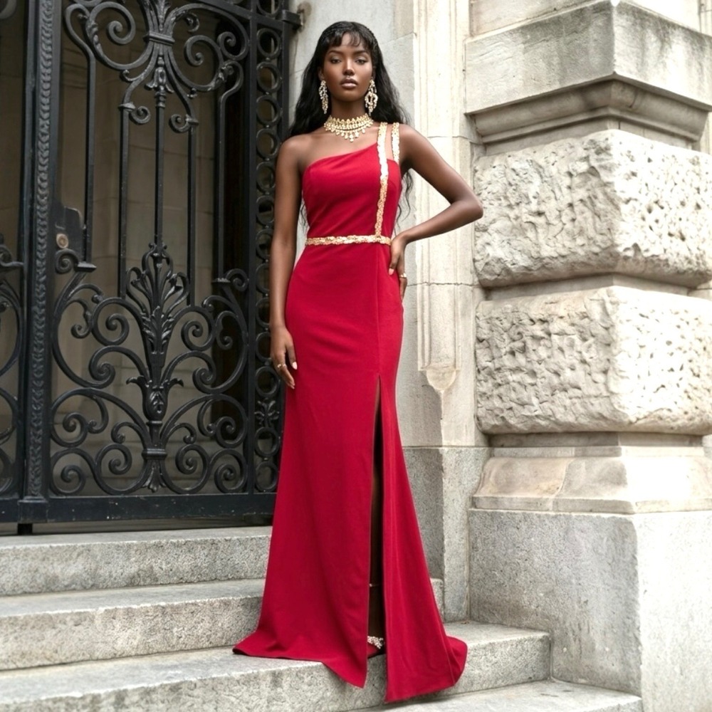 Mgiacy Womens Red‎ One Shoulder Gold Sequin Embellished Maxi Gown Slit Large